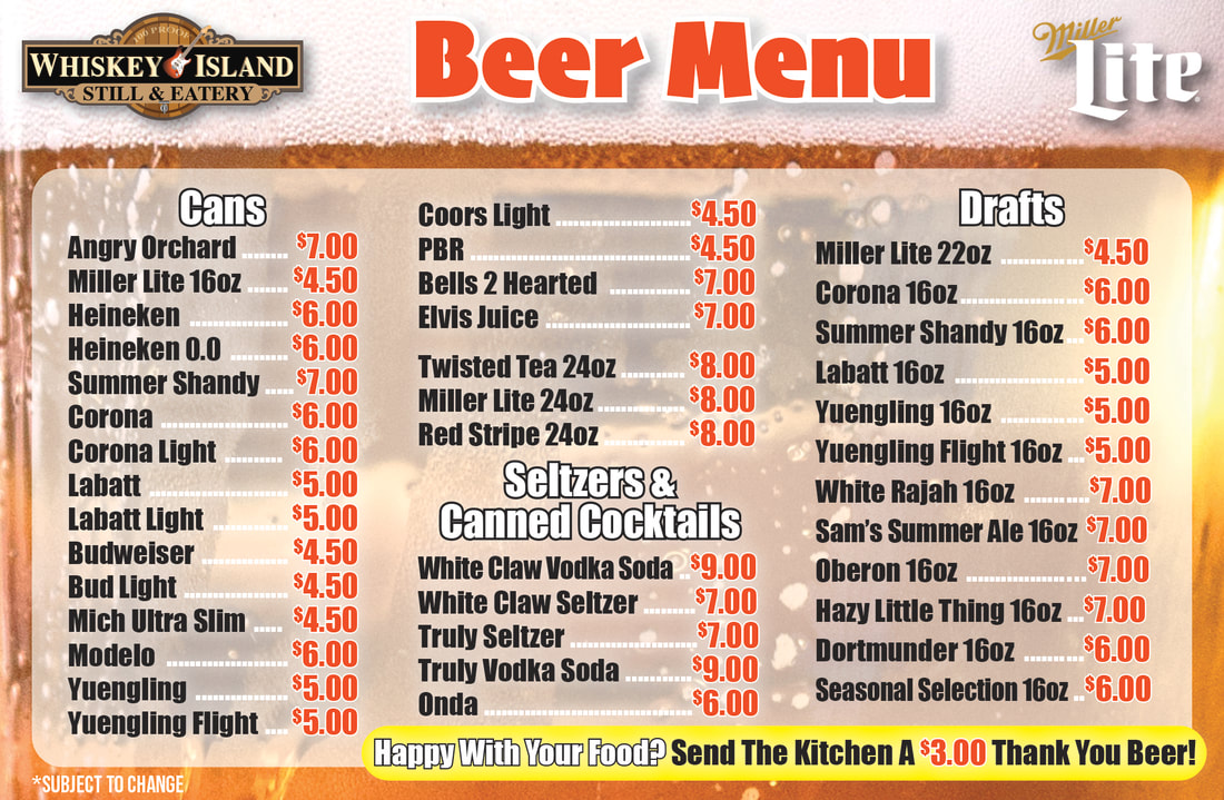 Draft, bottle and can beer list with miller lite, red stripe, corona, dortmunder, bud light, stone ipa, fat tire, kaliber and more