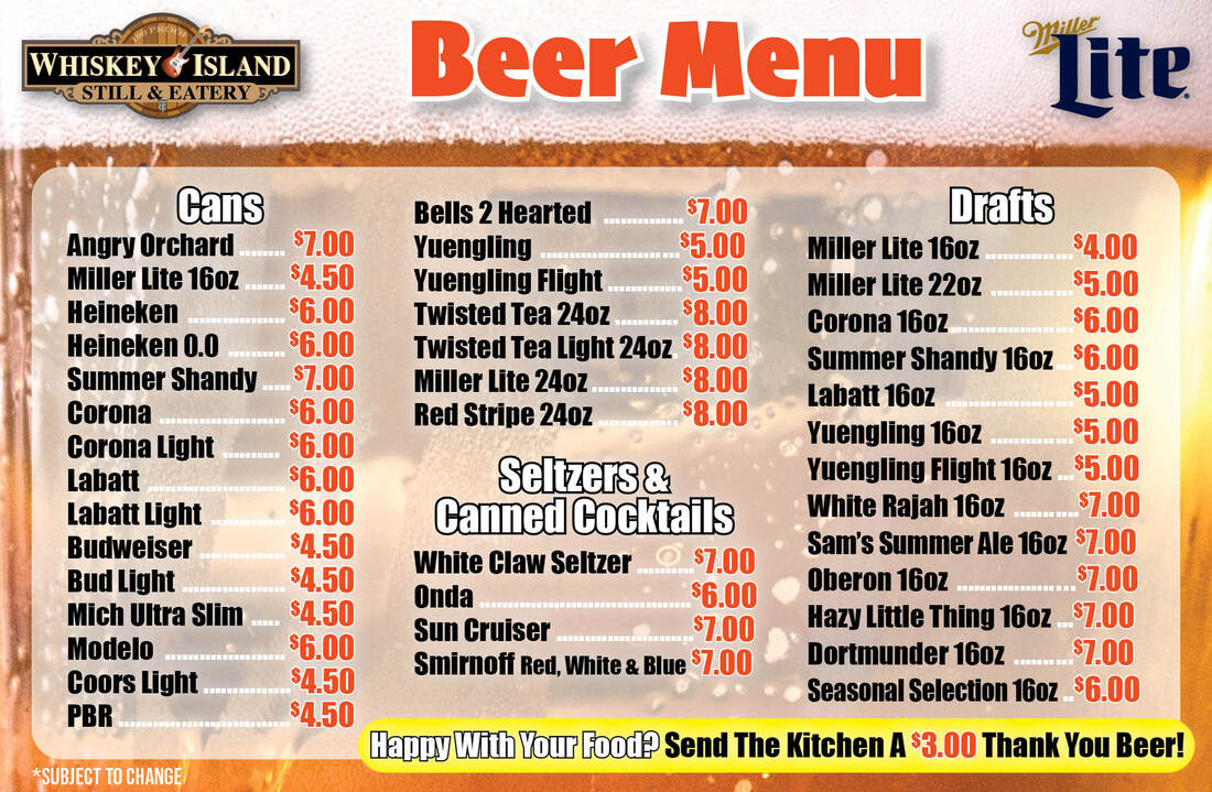 Draft, bottle and can beer list with miller lite, red stripe, corona, dortmunder, bud light, stone ipa, fat tire, kaliber and more