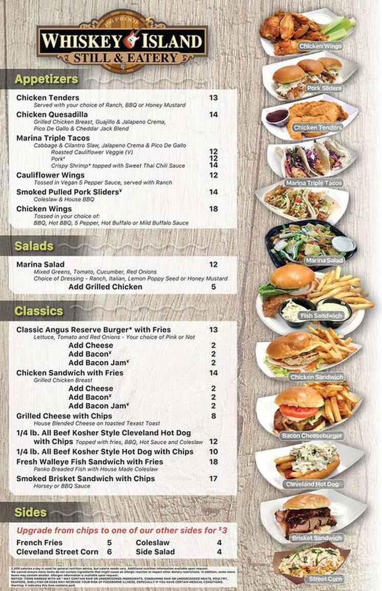food menu featuring appetizers, salads, entrees, burgers, chicken wings, sandwiches, tacos, sides and more